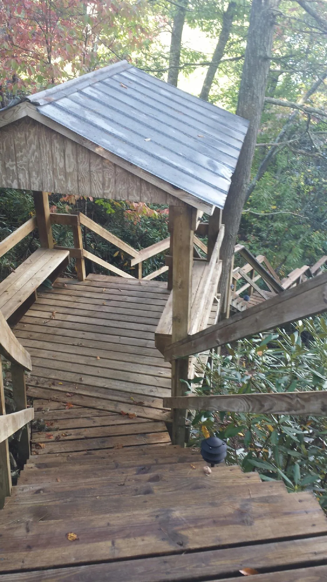 Metal roofed shelter over wooden steps on a wooded walkway — Skylight Repair & Installation work by our crew in Ragland